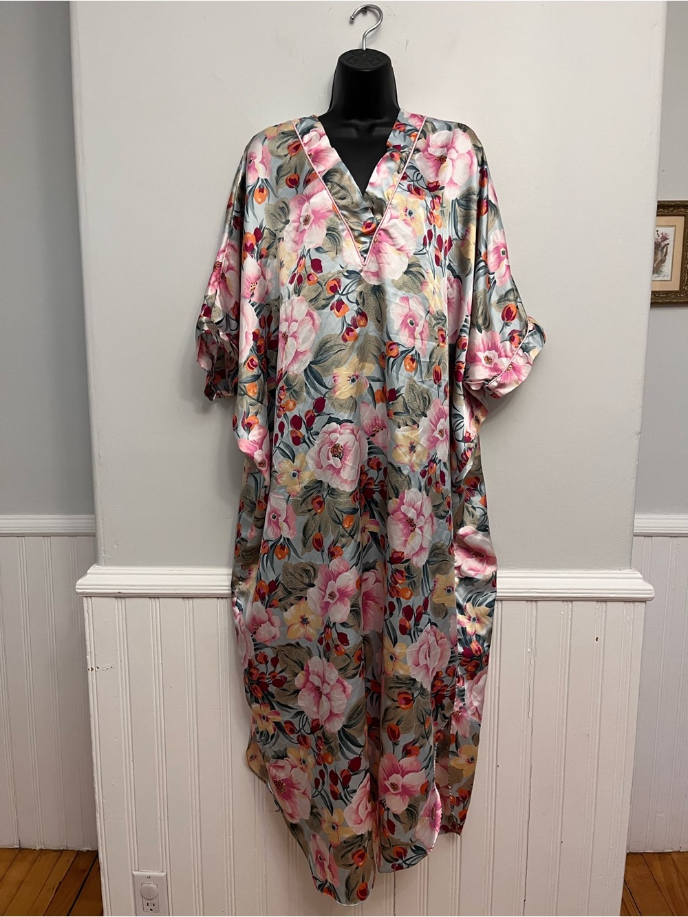 Vintage Natori Floral Satin Kaftan, One Size